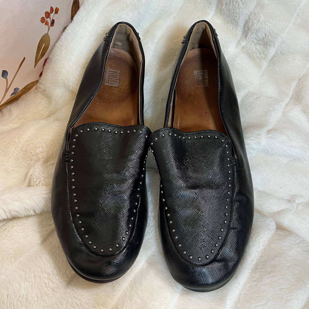 Fitflop Lena 10 Leather Black Glossy Microstud Preppy Office Workwear Loafers
